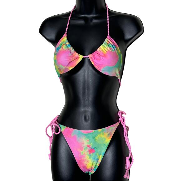 New Small Paste Tie Dye Rainbow Brazilian Bikini Swimsuit Side Tie Triangle Rave - Picture 3 of 5